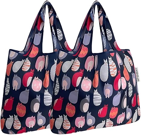 allydrew Foldable Tote Nylon Reusable Grocery Bag (Set of 2), Stylish Kitties