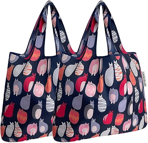 allydrew Foldable Tote Nylon Reusable Grocery Bag (Set of 2), Stylish Kitties