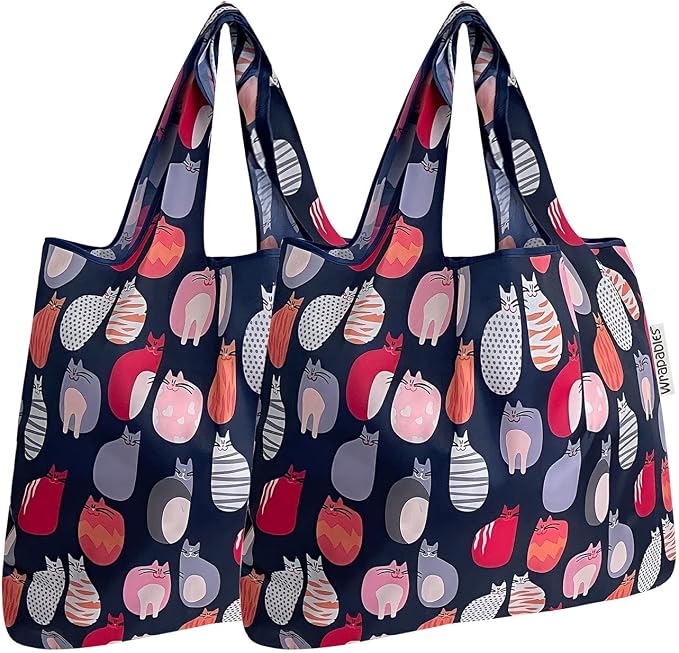 allydrew Foldable Tote Nylon Reusable Grocery Bag (Set of 2), Stylish Kitties