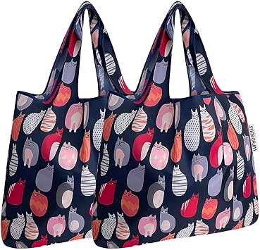allydrew Foldable Tote Nylon Reusable Grocery Bag (Set of 2), Stylish Kitties