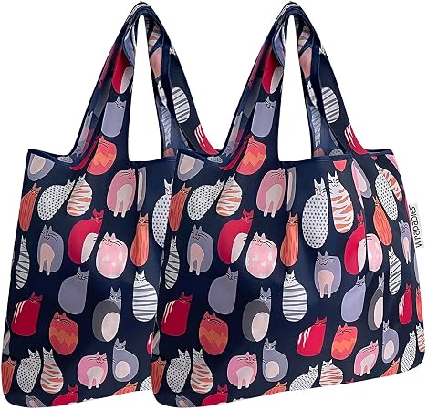 allydrew Foldable Tote Nylon Reusable Grocery Bag (Set of 2), Stylish Kitties