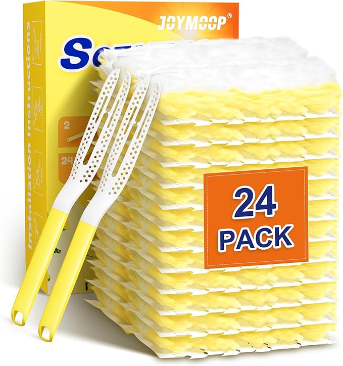 JOYMOOP Disposable Electrostatic Duster for Cleaning, with 2 Handles & 24 Ct Yellow Heavy Duty Refills for Swiffer Feather Duster, Household Cleaning Tool for Electronics, Dusting Furniture, Blinds