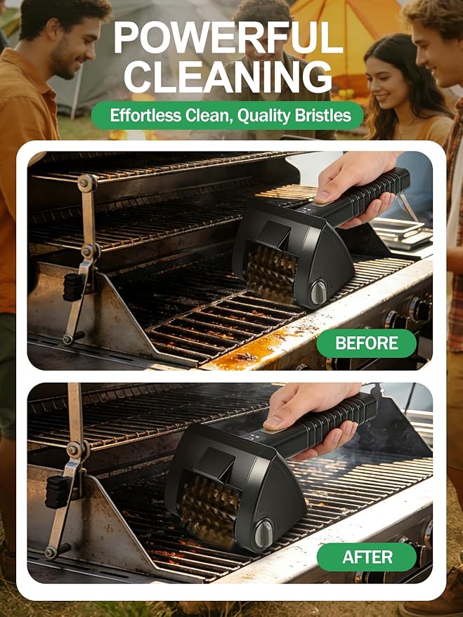 Electric Grill Brush, Cordless Rechargeable BBQ Cleaner with 4000mAh Battery, 2-Speed, LED Light, 304 Stainless Steel Removable Brush Head, Grill Clean Tool for Outdoor Grill