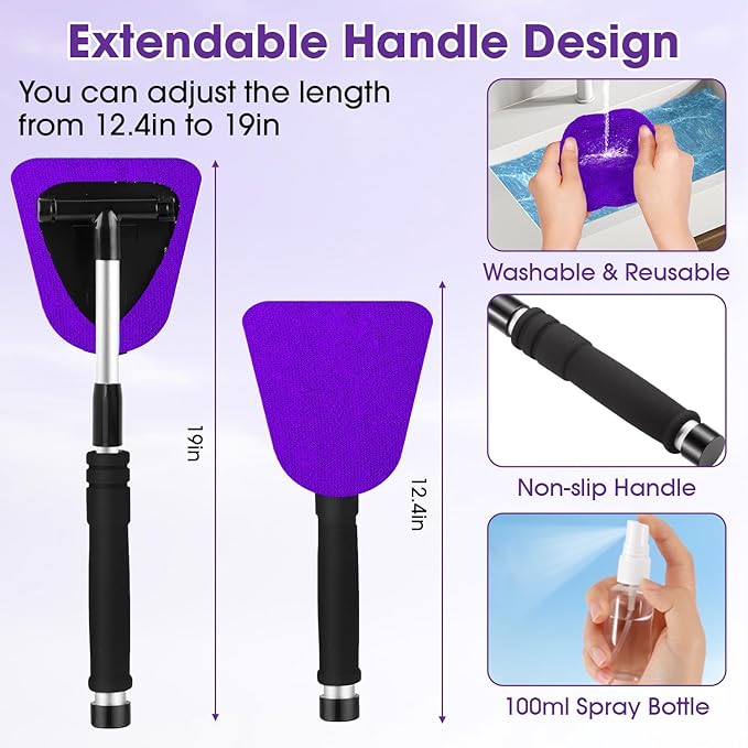 Purple Windshield Cleaner Tool, Car Interior Cleaning Kit with Extendable Handle and 3 Reusable Microfiber Pads, Auto Glass Wiper and Detailing Brush Kit for Car & Home Window