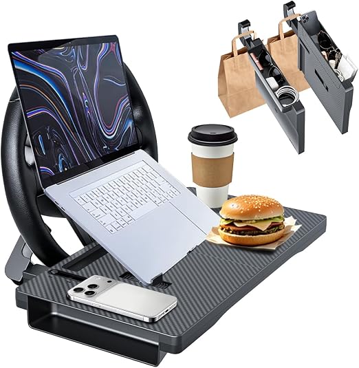 2 in 1 Large Car Steering Wheel Tray Table, Car Seat Gap Filler Organizer