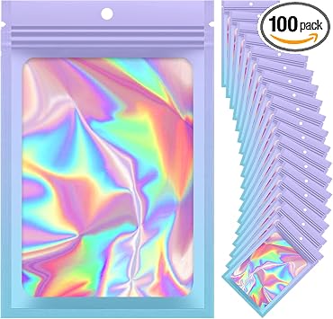 100 Pieces Resealable Mylar Bags, Smell Proof Bags with Clear Window for Food Storage Party Favor Packaging Small Busine