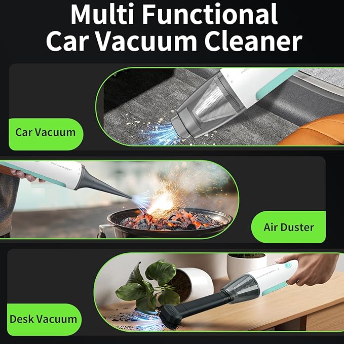 Car Vacuum, Handheld Vacuum Cordless 20000Pa Suction with 2 Suction Modes, 2-in-1 Portable Mini Car Vacuum Cleaner Cordless Vacuum Rechargeable Type-C Charge for Car, Desk, Keyboards（Green