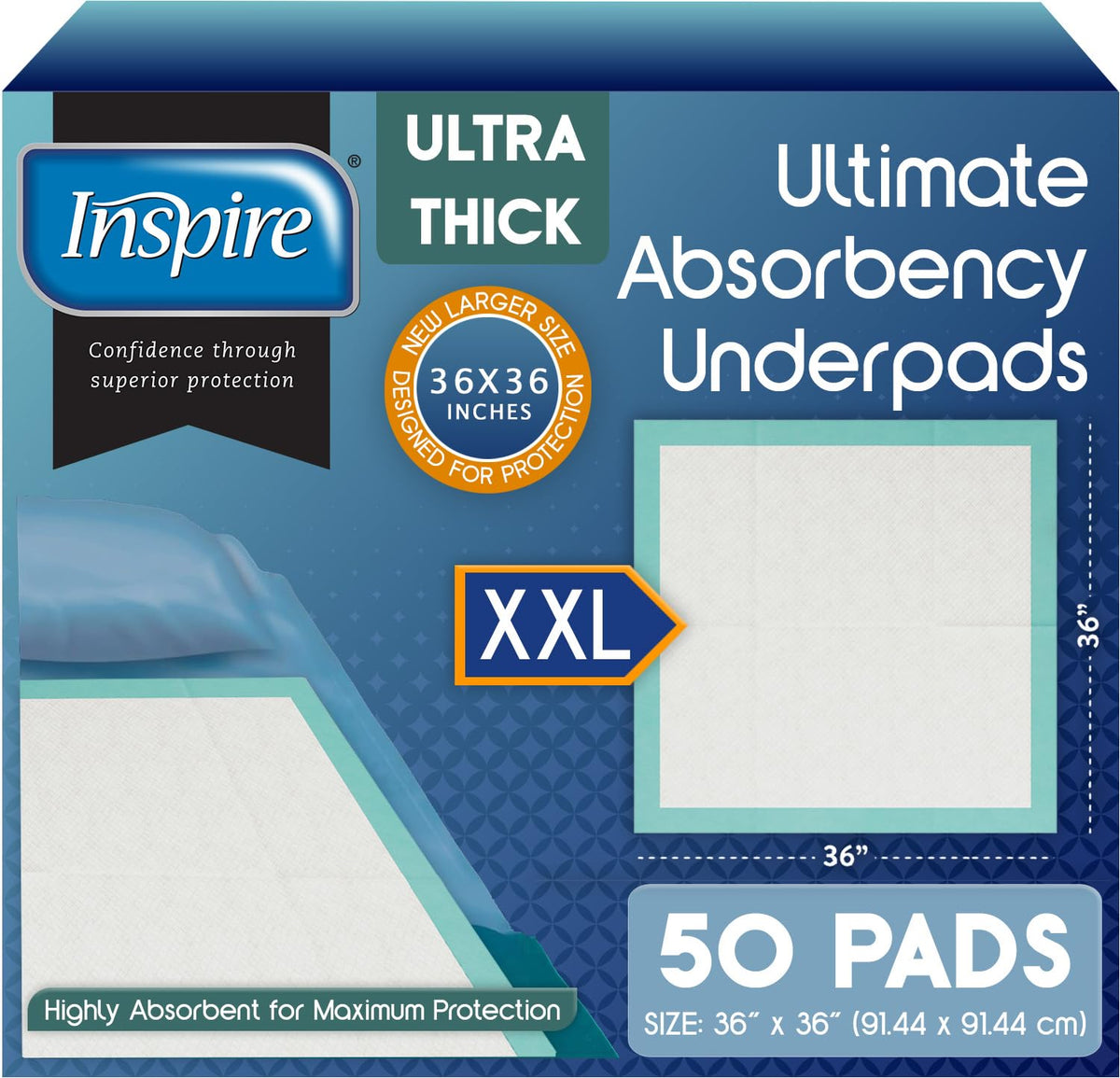 Super Absorbent Disposable Bed Pads for Chronic Incontinence Ultra Thick and Absorbent Bed Pads Disposable Adult | Pee Pads for Adults (36" X 36" Pack of 50) XX Large