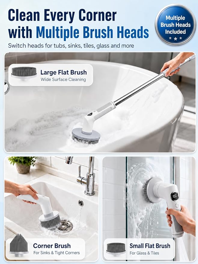 Electric Spin Scrubber, 2026 Electric Scrubber for Cleaning 4000mAh 2 Speed Shower Scrubber with Adjustable Handle IPX7 Waterproof Long Runtime Scrub Brush with 5 Heads for Bathroom Kitchen Tub