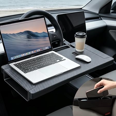2-in-1 Car Steering Wheel Tray Desk & Car Seat Gap Filler Organizer, Upgraded Foldable Adjustable Car Table Compatible w