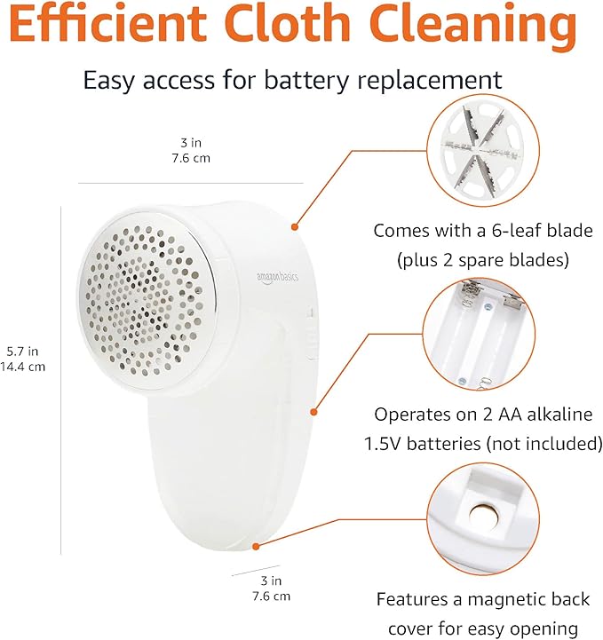 Amazon Basics Battery Operated Fabric Shaver for Clothes, Remove Pilling, Lint and Fuzz Removal, 6-Leaf Blades with Safety Lock, Portable, Includes 2 Spare Blades, White
