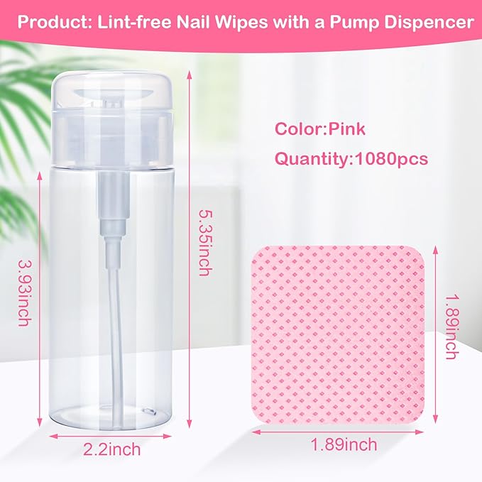 Lint Free Nail Wipes, Acetone Nail Polish Remover 1080PCS with Pump Dispenser, Gel Nail Polish Remover Pads Soft Non-woven Nail Wipes for Nail Polish Remove and Acrylic Nail Supplies,Pink