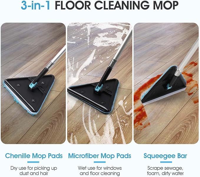 25 Foot Painted Wall Cleaner Mop with 18 Ft Heavy Duty Extension Pole, 3-in-1 High Ceiling Cleaning Tool with 4 Microfiber Chenille Pad, Cobweb Duster, Fan, Baseboard, Window Squeegee Kit (18ft)