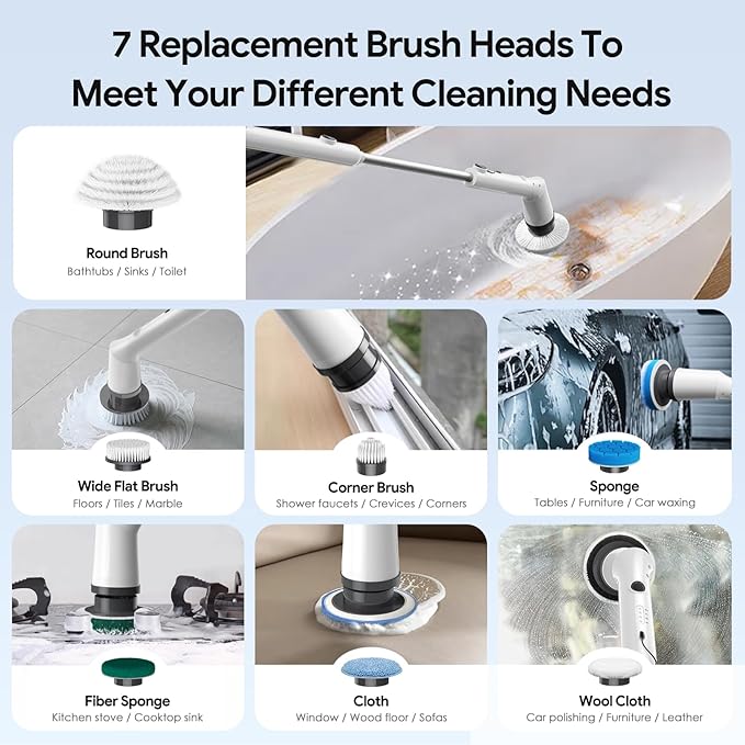 Electric Spin Scrubber,2026 New Cordless Cleaning Brush,Shower Cleaning Brush with 7 Replaceable Brush Heads, Power Scrubber 3 Adjustable Speeds,Detachable Long Handle & IPX7 Waterproof