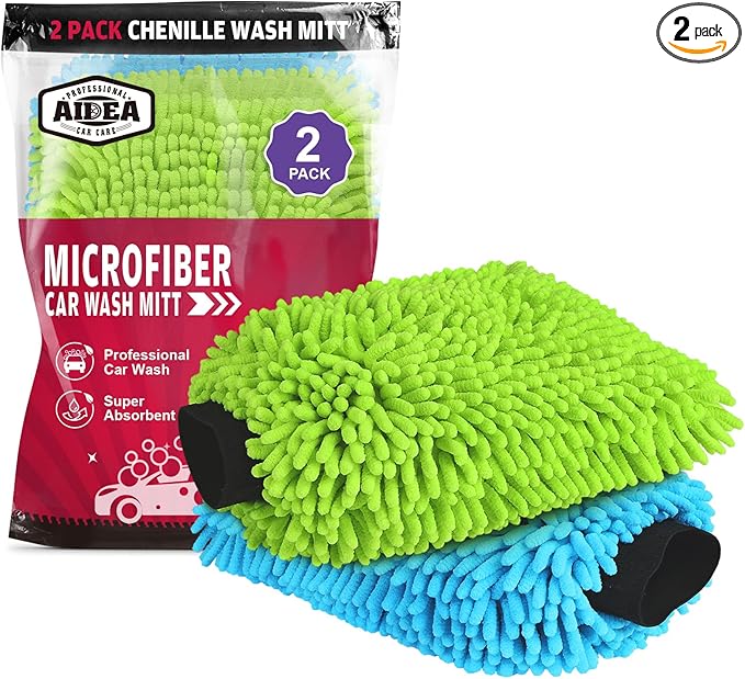 AIDEA Car Wash Mitt Microfiber, 2PK Scratch Free Lint-Free, Premium Chenille Microfiber Mitt Car Wash Brush, Green & Blue, Extra Large Size 8''X12''