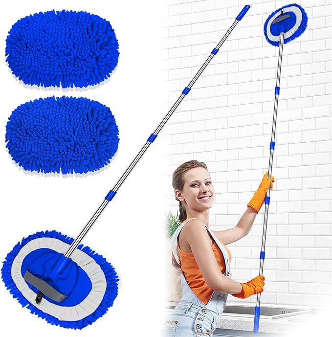 2 in 1 Lightweight Wall Cleaner Mop with Long Handle 75" 190cm Lint-Free Duster Cleaning Tool 2 Replacement Microfiber Chenille Pads for Kitchen Baseboard Ceiling Floor Window Door Scrubber Brush,Blue