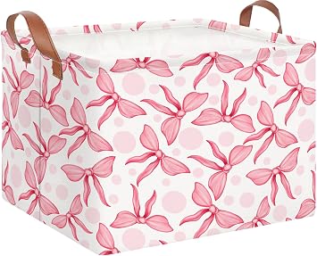 NTAOHAMPER Rectangular Storage Basket Empty,Toys Storage Bin with Handles,Baby Room Decor,Gift Basket,Book Box(Pink Bowk