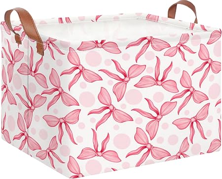 NTAOHAMPER Rectangular Storage Basket Empty,Toys Storage Bin with Handles,Baby Room Decor,Gift Basket,Book Box(Pink Bowk