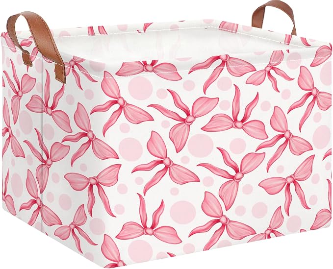 NTAOHAMPER Rectangular Storage Basket Empty,Toys Storage Bin with Handles,Baby Room Decor,Gift Basket,Book Box(Pink Bowk