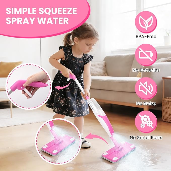 Kids Spray Mop, Toddler Cleaning Set with Real Water Sprayer, 2 Washable Mop Pads & Storage Clip, Pretend Play Montessori Housekeeping Toys for Boys Girls Ages 3 4 5 6 7 8