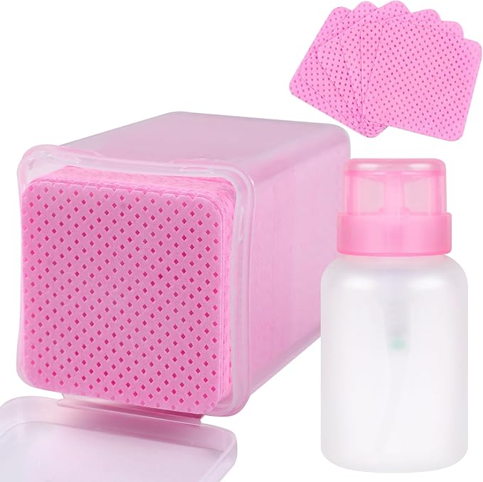 200pcs Lint Free Nail Wipes, 1 Pull-Off Pump-Style Bottle, Super Absorbent Soft Non-Woven,for Fingernail Polish Remover and Eyelash Extension Wipes for Nail Art (Pink)