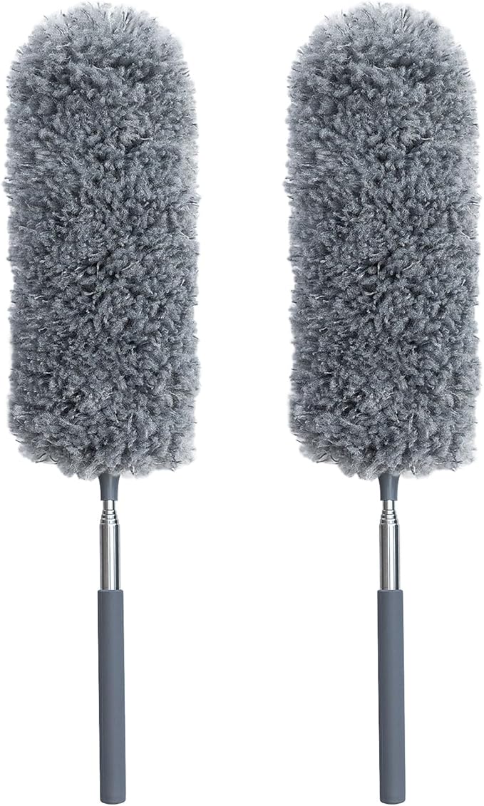 2 Pack Small Microfiber Feather Duster for Cleaning, Hand Washable Dusters with Extendable Pole, Cleaning Tools for Office, Car, Window, Furniture, Ceiling Fan