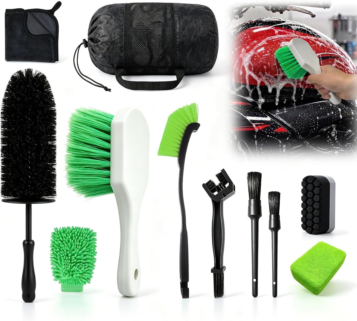 Motorcycle Cleaning Kit - 11 Pc Professional Motorcycle Detailing & Wash Kit for Harley Davidson, Dirt Bike & Street Bikes, Complete Care Set with 3-Sided Chain Brush, Wheel Rim Brush & Storage Bag