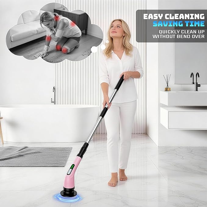 Highyes Electric Spin Scrubber for Cleaning Bathroom: Cordless Power Shower Scrubber - Electric Cleaning Brush for Tile Tub - Pink