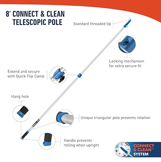Unger Professional Connect and Clean 18” Grip Microfiber Window Scrubber with 8’ Pole, High-Access Glass Surface Household Cleaning Supplies and Tools, Reusable Microfiber Sleeve