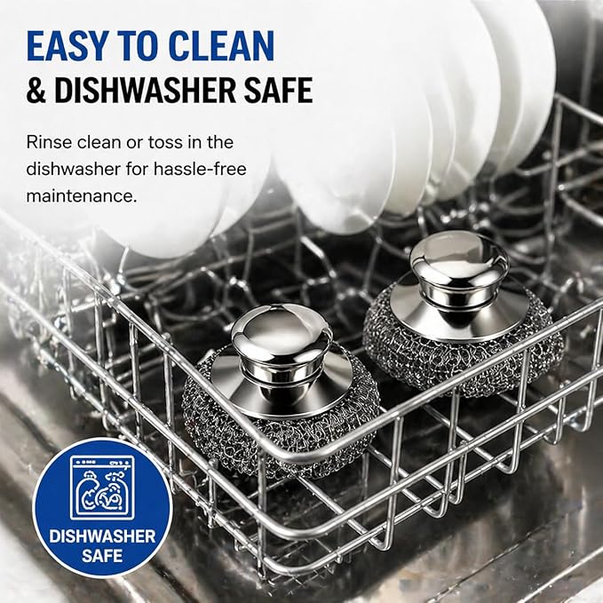 Steel Wool Scrubber, 10-Pack Stainless Steel Scrubber Pads with Handle - The Ultimate Scouring Solution for Rust, Stubborn Messes on Cookware, Grill, Oven & Kitchen Sinks