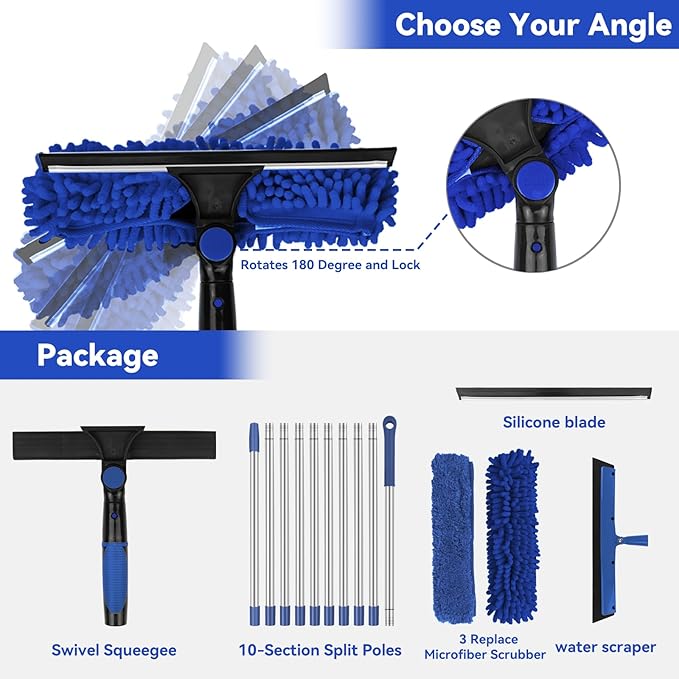 Window Squeegee Tool with Extension Pole: 20+ Feet Microfiber Scrubber Window Cleaning Kit for Rv Truck Bus Car Windshield - 3 to 14 Ft Spliceable Extendable Long Duster for High Outside Solar Panel