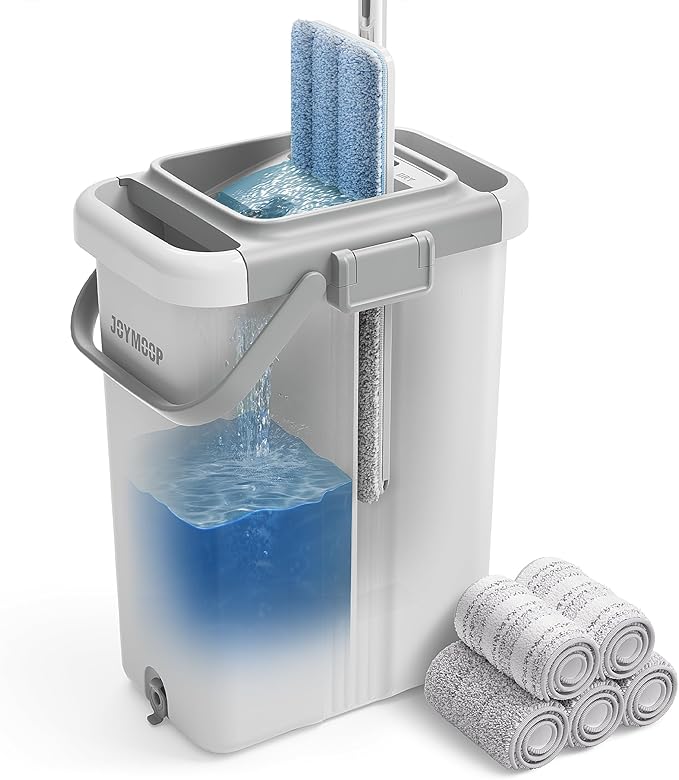 JOYMOOP Flat Mop System, Microfiber Mop and Bucket Set, White, Hands-Free Floor Cleaning Mop for Household & Commercial Use, Wet and Dry Cleaning, Includes 3 Washable Pads