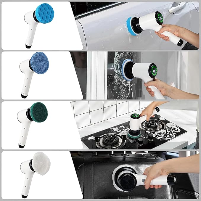 Electric Spin Scrubber, Cordless Power Cleaning Brush with 8 Replaceable Heads, 2 Adjustable Speeds, LED Display & Long Handle, Ideal for Bathroom Tub Tile Floor Car Cleaning