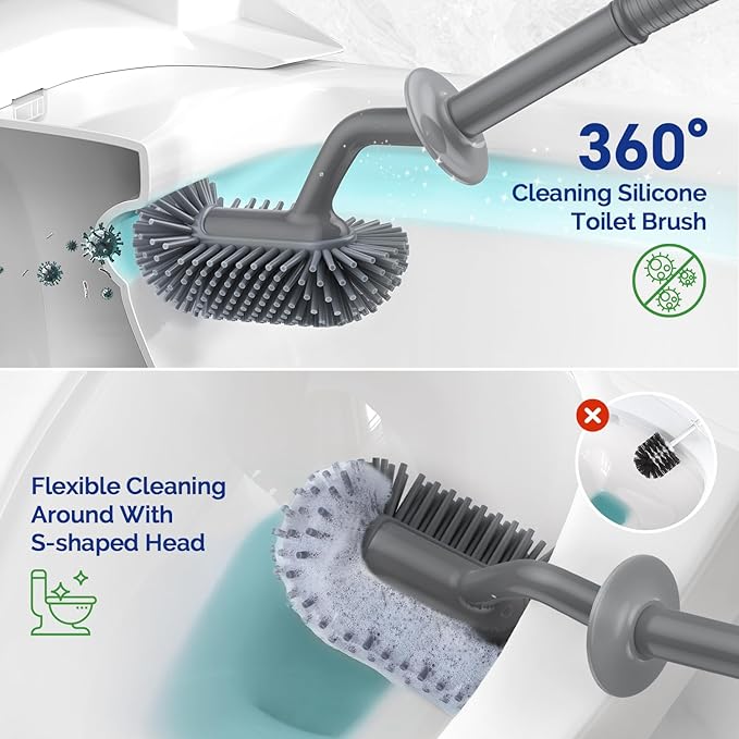 HAMITOR Toilet Bowl Brush Holder Set: Silicone Toilet Cleaner Brush with Curved Design Deep Cleaning Compact Hidden Scrubber for Bathroom Small Space - Modern Rv Toilet Decor Accessories - Gray