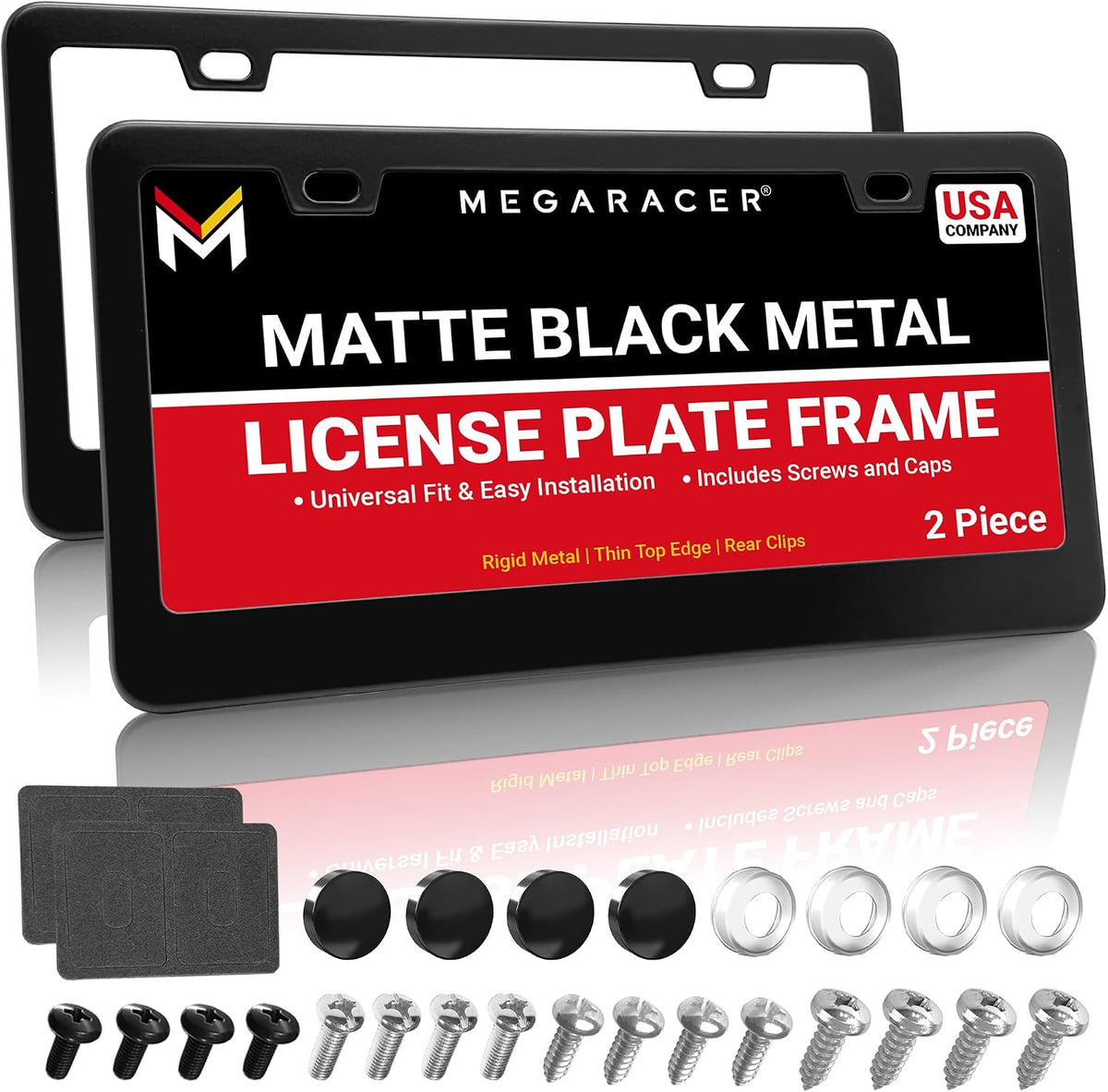 Premium Matte Black License Plate Frames, 2 Pack, Thin-Top Design, Metal