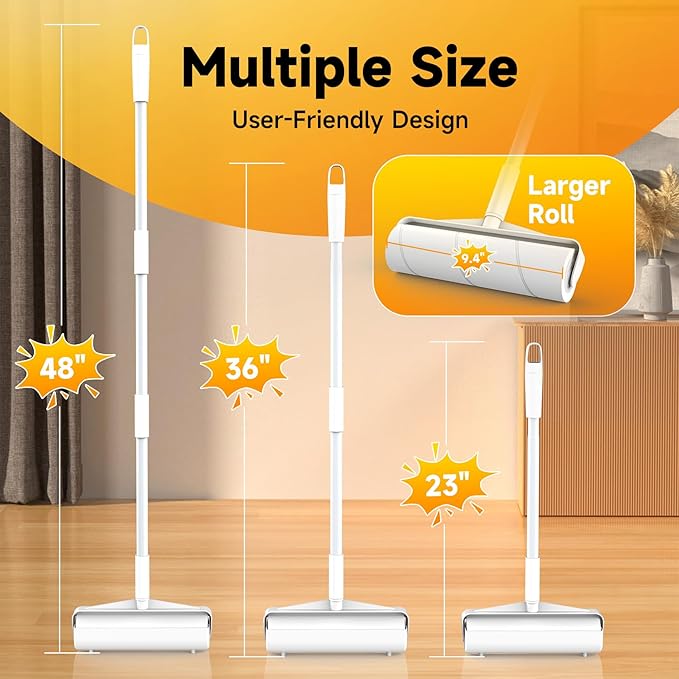 Large Floor Lint Roller with Extendable Long Handle, 9.45" Extra Wide Sticky Roller, 400 Sheets with 3 Refills, Heavy Duty Pet Hair Remover for Floor, Carpet, Couch & Hard-to-Reach Areas