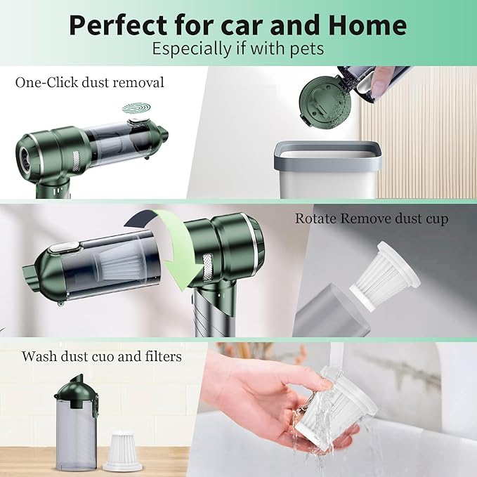 Car Vacuum Portable Cordless 22000PA High Power Handheld Mini Vacuum Cleaner Rechargeable Foldable with Brushless Motor Air Blower Duster Pump for Car Home Office Pet (Green)