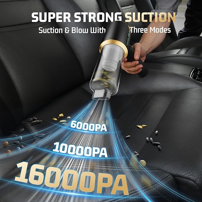 Cordless Car Vacuum Cleaner: Handheld Vacuum with 16000Pa Strong Suction, Brushless Motor & HEPA Filter, 7-in-1 Cleaning Kit, Type-C Charging for Home Office Car Pet