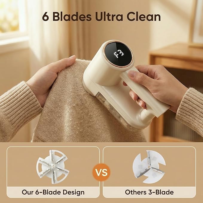 Fabric Shaver, Lint Shaver with 3 Speeds, Type-C Fast Charging Lint Remover, 6 Blade, LED Display, Sweater Shaver with 2 Replacement Blades, Pilling Remover for Clothes, Couch, Blanket