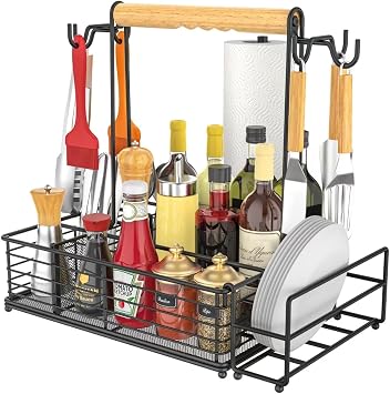 Toncoke Large Grill Caddy with Paper Towel Holder & Side Hooks, All-in-One BBQ Tool Organizer with Adjustable Dividers, 