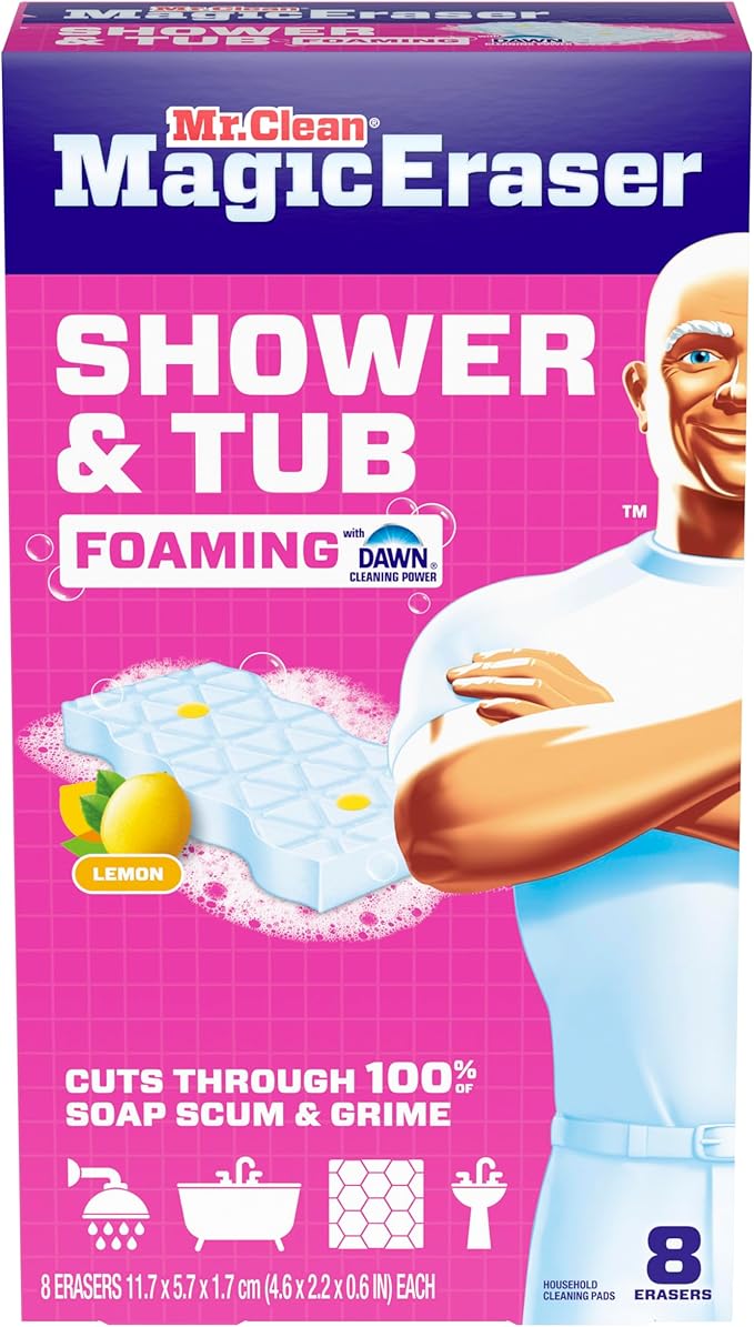 Mr. Clean Magic Eraser Sponge, Bathroom, Shower, Tub Cleaner, Soap Scum Remover, Bathroom Cleaning Supplies, Dawn Cleaning Power with Lemon Scent, Shower & Tub, 8 Count (Pack of 4)