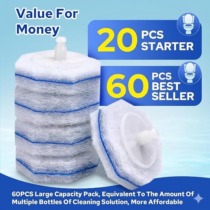 20pcs Disposable Toilet Brush Refills, Toilet Bowl Cleaner Refill Pads, Compatible with Most Toilet Cleaning Wands, Replacement Scrubber Heads for Deep Bathroom Cleaning, 20 Count