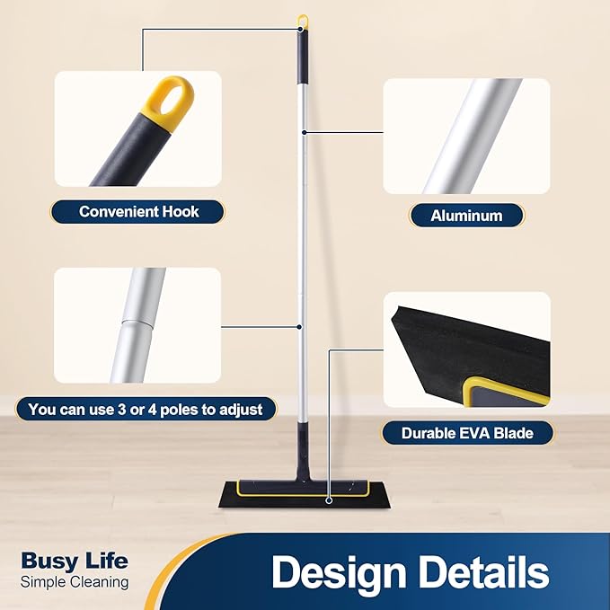 Yocada Floor Squeegee Broom EVA Foam Blade Aluminum Pole for Shower Bathroom Kitchen Home Tile Pet Hair Fur Floor Marble Glass Window Water Foam Cleaning Long Adjustable Removable Handle Anti Static