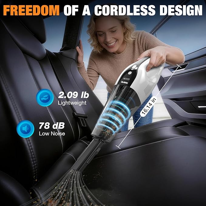 Handheld Vacuum Cordless, Ultra-Strong Suction Car Vacuum Portable Cordless, Rechargeable Hand Held Car Vacuum Cleaner High Power with Multi-Nozzles & Washable Filter for Car, Home, Pets, White&Black