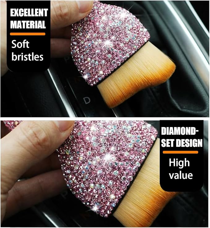 zipelo Auto Interior Dust Brush, Car Detailing Cleaning Brush with Diamond, Bling Handle Soft Bristles Dusting Tool, Scratch Free Dirt Clean Brushes for Vehicle Dashboard, Air Conditioner Vent (Pink)