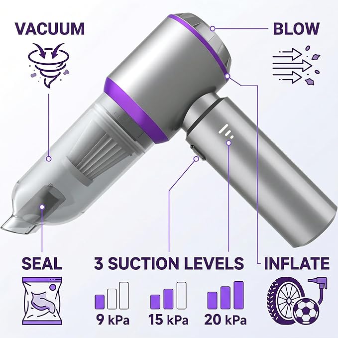 NWDEY Car Vacuum Cleaner High Power 20000Pa – Cordless Handheld Mini Vacuum & Air Duster for Car Detailing, 3-Speed Brushless Motor, 6000mAh Battery (Upgraded Purple)