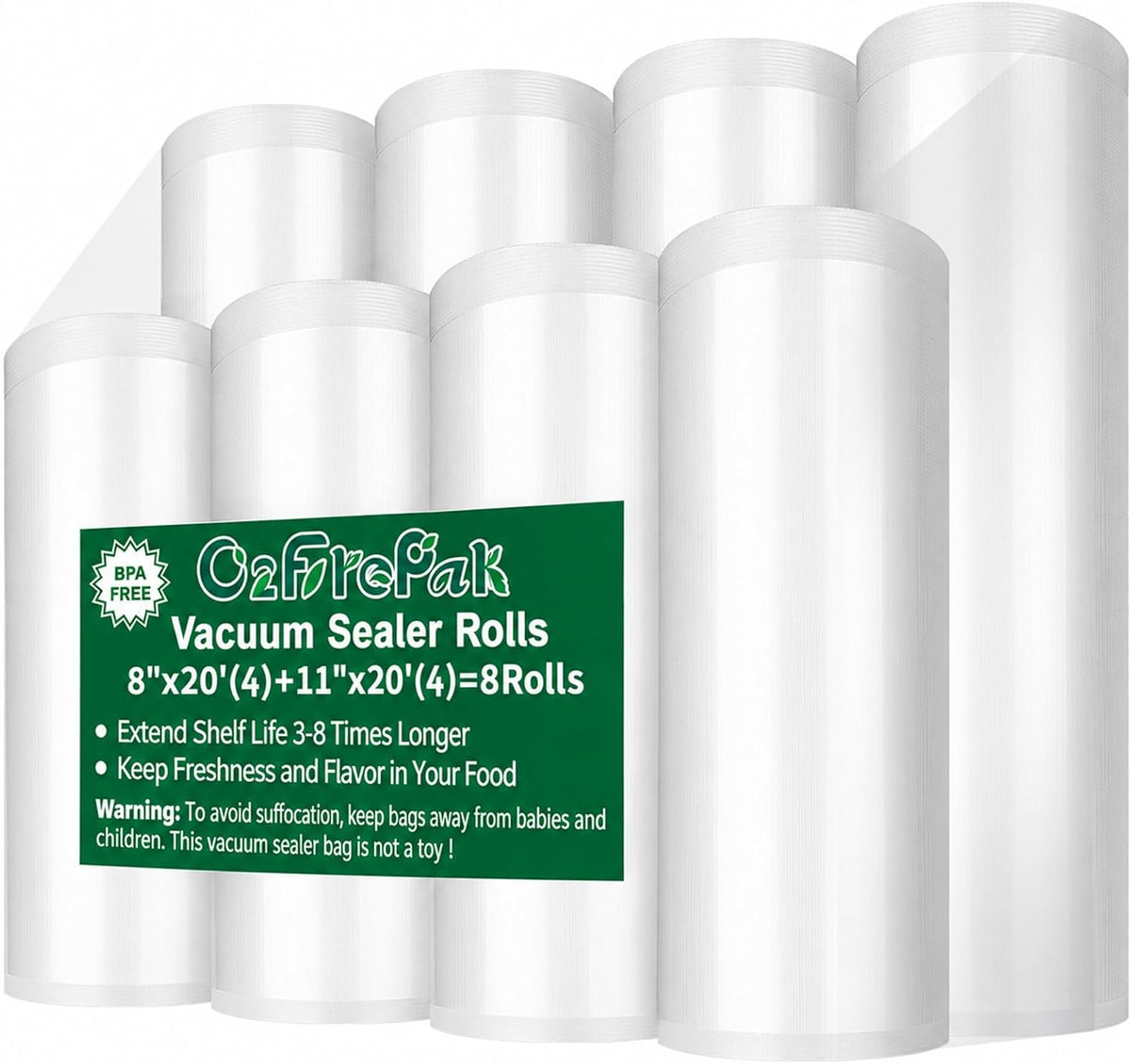 8RL Vacuum Sealer Bags Rolls 8"x20'(4)+11"x20'(4) for Food Storage