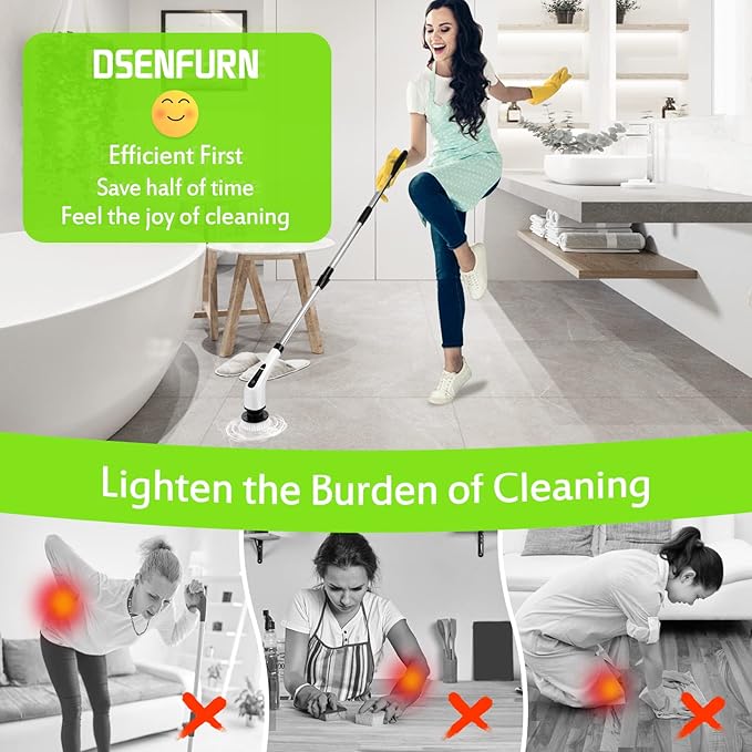 Electric Spin Scrubber, Cordless Bathroom Tub Scrubber with Long Handle & 7 Replaceable Cleaning Heads, Extension as Short Handle, Portable Power Shower Brush Household Tools for Tile Floor