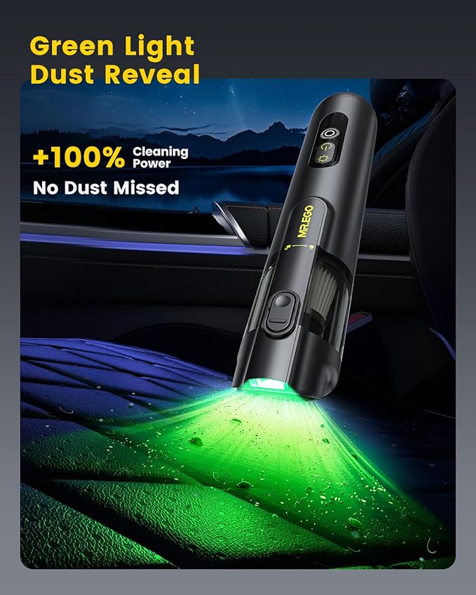 Mr.ego Car Vacuum Portable Cordless, 20000Pa High-Power Suction Handheld Vacuum & Air Duster with Brushless Motor, Multi-Nozzles, Green LED Light & Washable Filter for Car, Home, Office, Pet Hair
