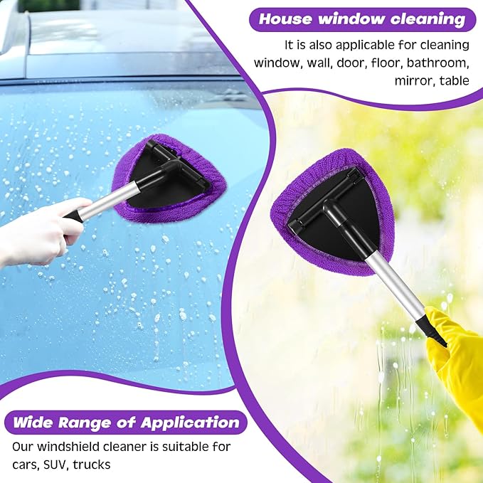 Potchen 8 Pcs Car Windshield Cleaner Tool Kit with Extendable Handle, Microfiber Towel Pads, Brush, Empty Spray Bottle for Auto Glass Wiper Suvs Rvs & Home Windows(Purple)